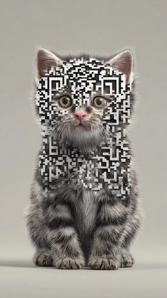 Котёнок с QR-кодом: очаровательный портрет в фотореалистичном стиле 8K. Изображение из нейронной сети Midjourney