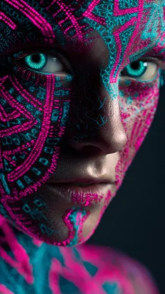 Яркое тело в неоновых тонах и геометрия красоты. Картинка из нейронной сети Midjourney