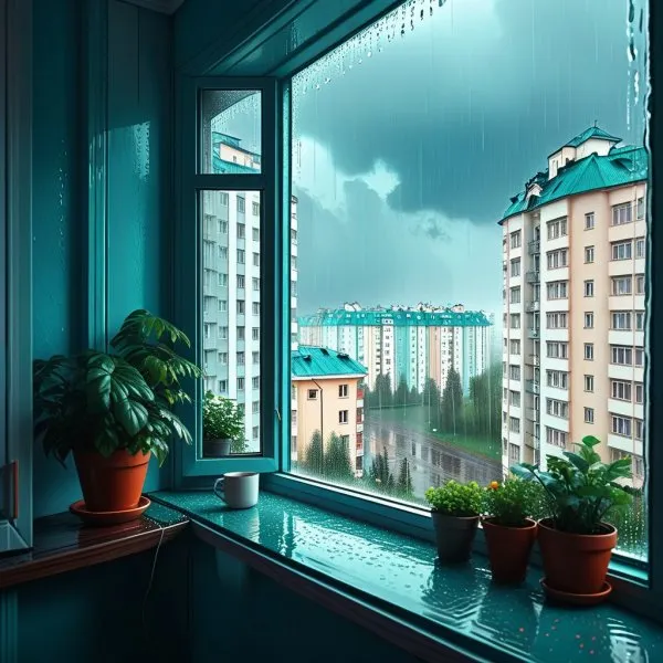 Осенний пейзаж из окна многоэтажки в русском городе. Нейросеть Stable Diffusion