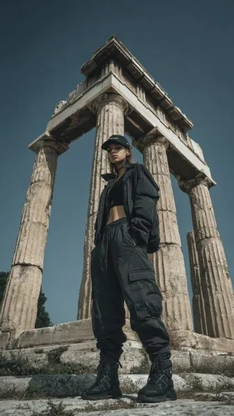 Стильная мода: модель в руинах древнего храма и oversize свитер. Генерация из нейросети Миджорни