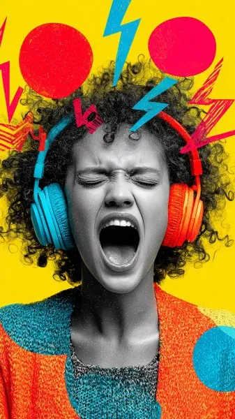 Эмоциональный портрет девушки в наушниках с ярким фоном. Генерация из нейронной сети Миджорни