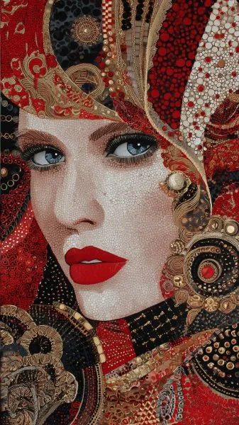 Изысканный женский образ с ярким макияжем и акцентами драгоценностей. Изображение из нейросети Midjourney