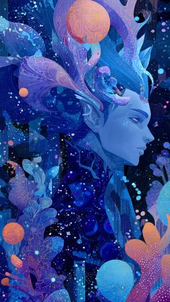 Космический персонаж: Сияние синей кожи и абстрактной мечты. Картинка из нейросети Midjourney