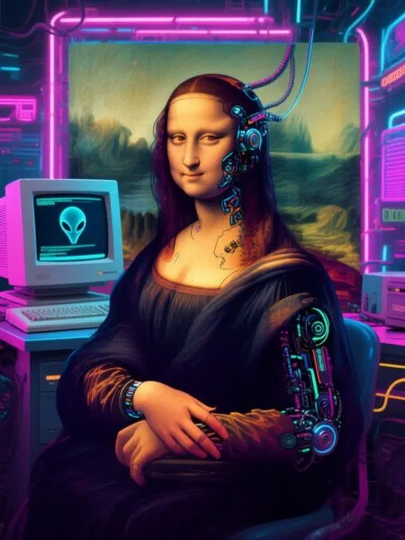 Мона Лиза из космоса: ретро-футуризм и цифровое искусство эпохи Pentium 3. Генерация из нейросети Qwen Ai Images