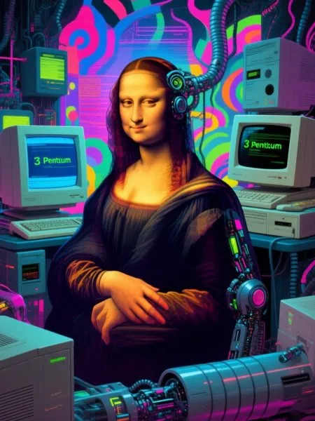 Мона Лиза инопланетянка в стиле ретро восьмидесятых с компьютерами Pentium 3. Изображение из нейронной сети Qwen Images