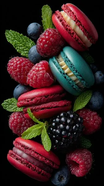 Яркий десерт: макаронс и ягоды с мятой в деталях. Изображение из нейросети Midjourney