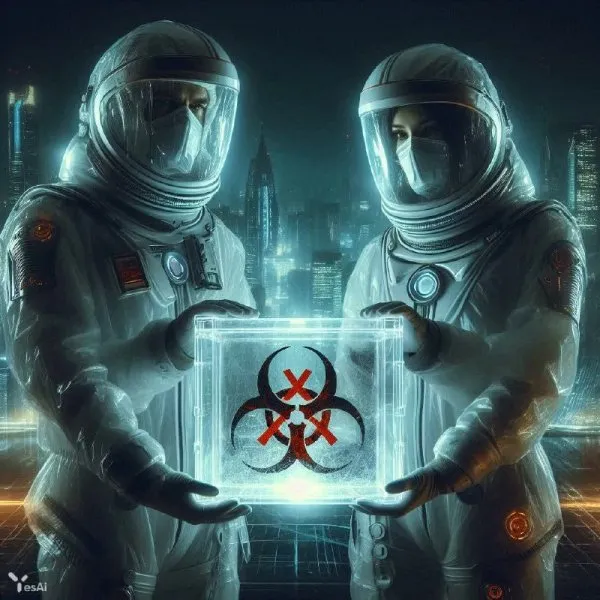 Защитные костюмы и опасный контейнер. Изображение из нейронной сети Dalle
