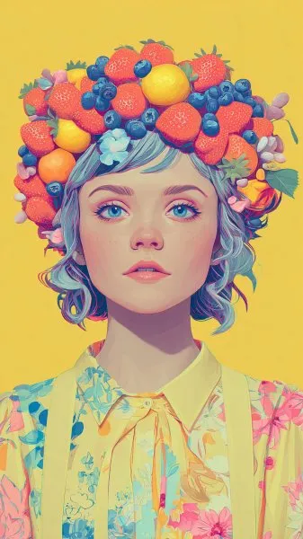 Ягодная корона и нежный взгляд: портрет девушки в солнечном образе. Изображение из нейросети Midjourney