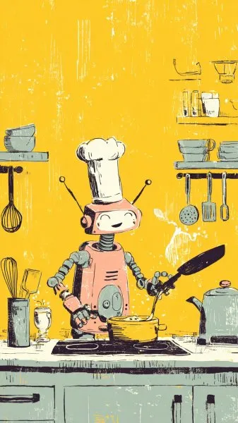 Робот-повар готовит на кухне с улыбкой. Изображение из нейронной сети Миджорни