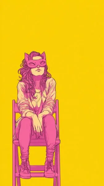 Загадочная кошка в розовой маске и жёлтый фон. Картинка из нейронной сети Midjourney