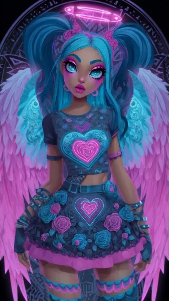 Розовые волосы и ангельские крылья: концепт персонажа в стиле Monster High. Изображение из нейронной сети Midjourney