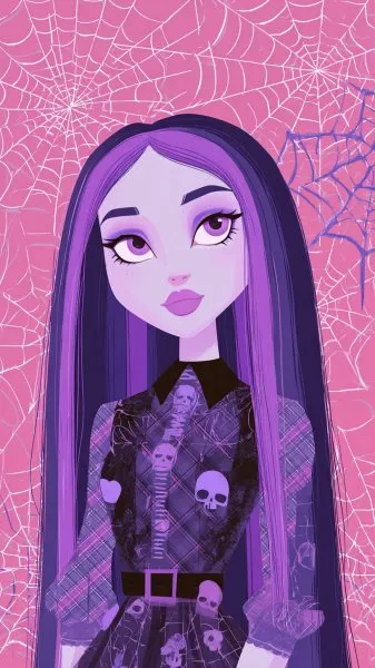 Готская красотка из Monster High: цифровой портрет с фиолетовыми волосами и кружевным платьем. Нейронная сеть Midjourney