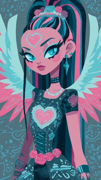 Розовые волосы и крылья ангела: мрачная красотка в стиле Monster High. Картинка из нейронной сети Midjourney