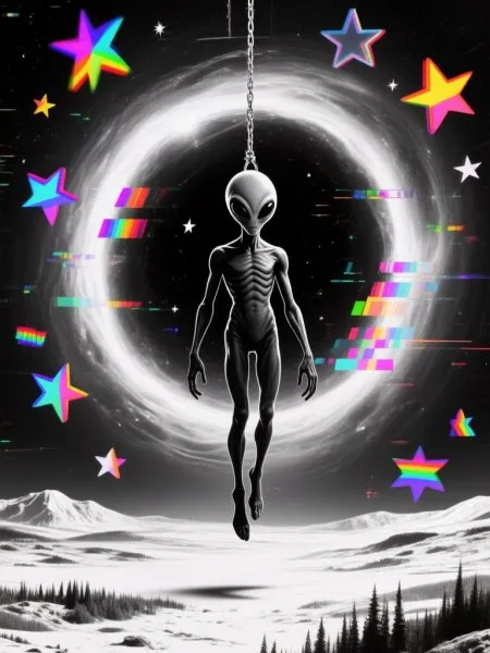Инопланетный гость в космическом портале: сюрреалистичная смесь медиа и глитч-арта. Генерация из нейронной сети Qwen