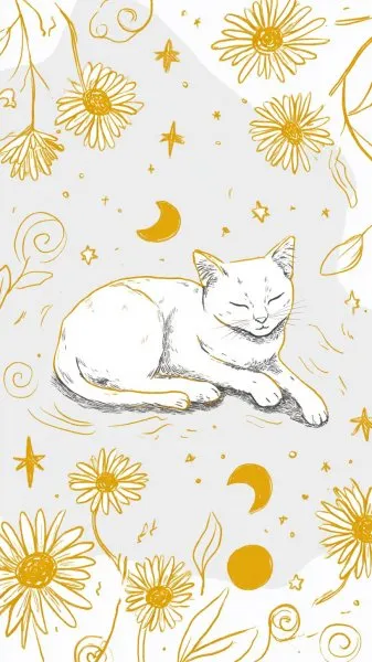 Нежная кошка в лугах и звездах: летняя иллюстрация. Изображение из нейросети Миджорни