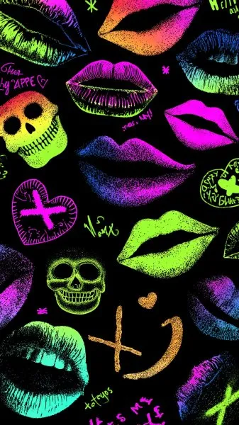 Неоновый кошмар: яркие сердца, черепа и демоны в стиле граффити. Картинка из нейросети Midjourney