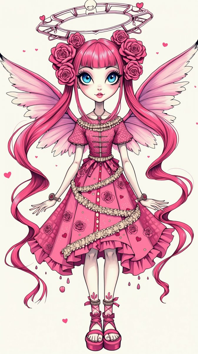 Милая ангел в стиле Monster High с розовыми волосами и голубыми глазами. Картинка из нейронной сети Flux.1 Милая ангел в стиле Monster High с розовыми волосами и голубыми глазами. Картинка из нейронной сети Flux.1