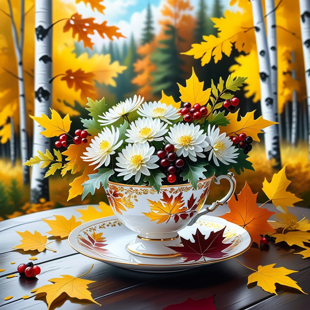 Осеннее чаепитие в лесу: рябина, хризантемы и кристальная чашка с дымком. Нейронная сеть Stable Diffusion Осеннее чаепитие в лесу: рябина, хризантемы и кристальная чашка с дымком. Нейронная сеть Stable Diffusion