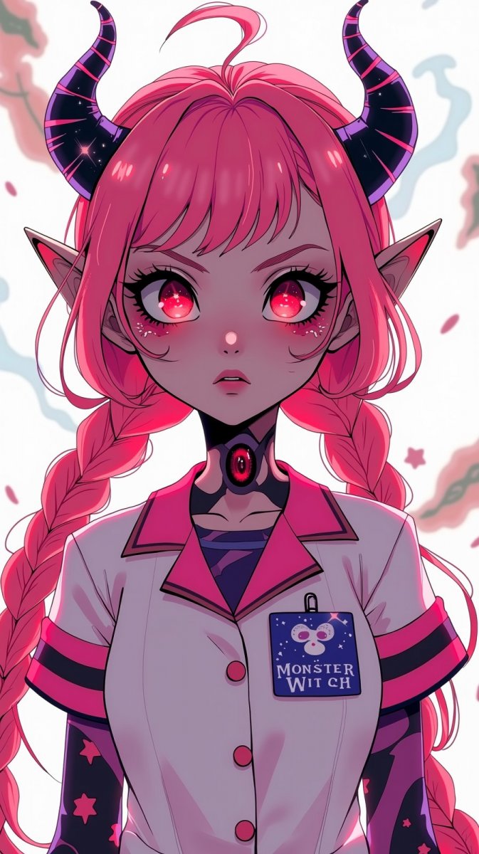 Дракулаура в образе ведьмы: милая демоница с розовыми косами и звездным взглядом. Генерация из нейросети Flux Ai Дракулаура в образе ведьмы: милая демоница с розовыми косами и звездным взглядом. Генерация из нейросети Flux Ai