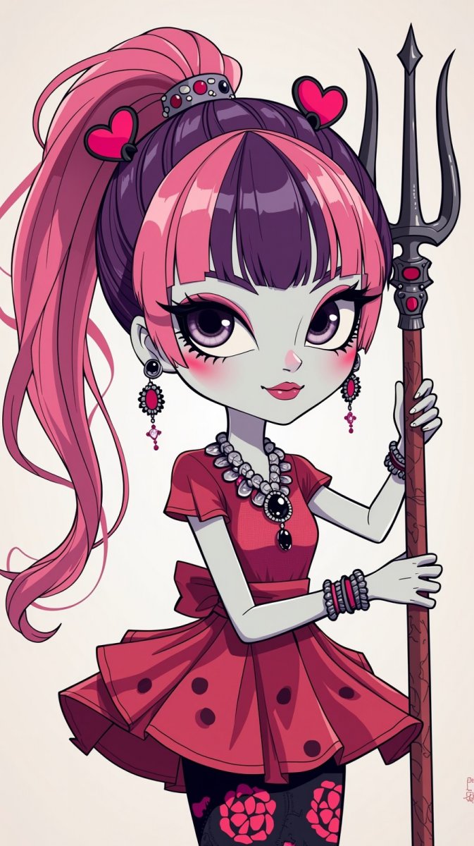 Монстр Хай: Розово-пурпурная злодейка с сердечными прядями и рогаткой. Нейросеть Flux.1 Монстр Хай: Розово-пурпурная злодейка с сердечными прядями и рогаткой. Нейросеть Flux.1
