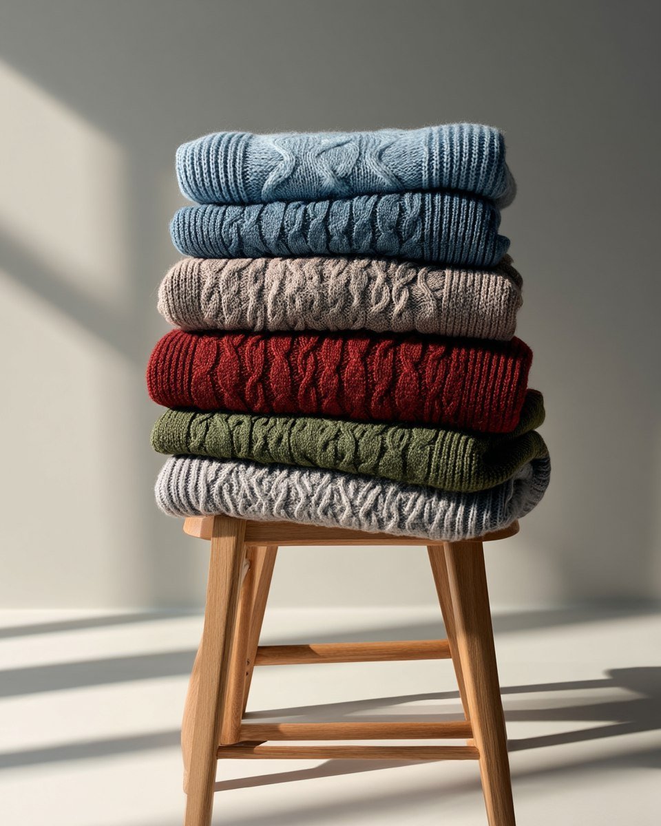 Стильная стопка вязаных свитеров в осенней палитре и современном минимализме. Картинка из нейронной сети Midjourney Стильная стопка вязаных свитеров в осенней палитре и современном минимализме. Картинка из нейронной сети Midjourney
