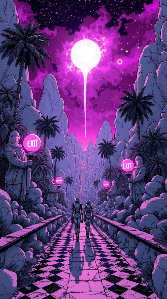 Необычный пейзаж: инопланетный мир в черно-белой геометрии и фиолетовом небе. Изображение из нейросети Flux Ai Необычный пейзаж: инопланетный мир в черно-белой геометрии и фиолетовом небе. Изображение из нейросети Flux Ai