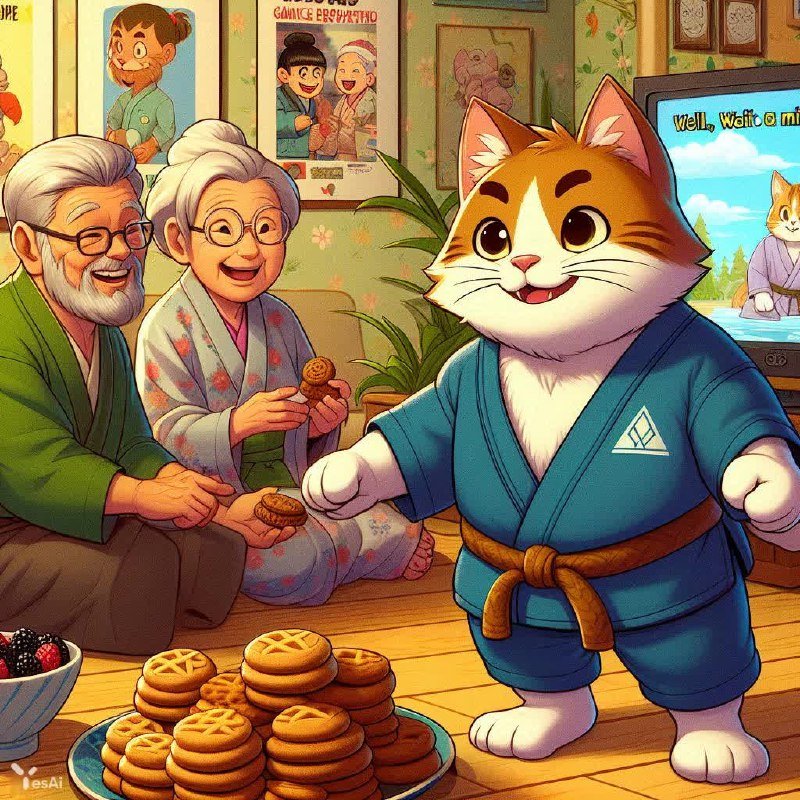 Котик-дзюдоист навестил бабушку и дедушку: уютный вечер в кругу семьи и любимых мультиков. Генерация из нейросети Dalle-3 Котик-дзюдоист навестил бабушку и дедушку: уютный вечер в кругу семьи и любимых мультиков. Генерация из нейросети Dalle-3