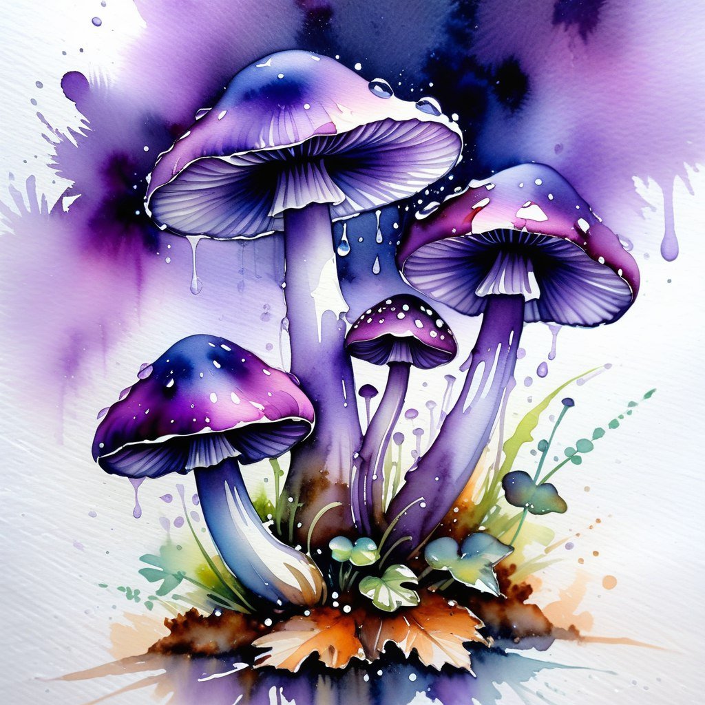 Нежные акварельные брызги и грибы аметистового цвета. Картинка из нейросети Stable Diffusion Нежные акварельные брызги и грибы аметистового цвета. Картинка из нейросети Stable Diffusion