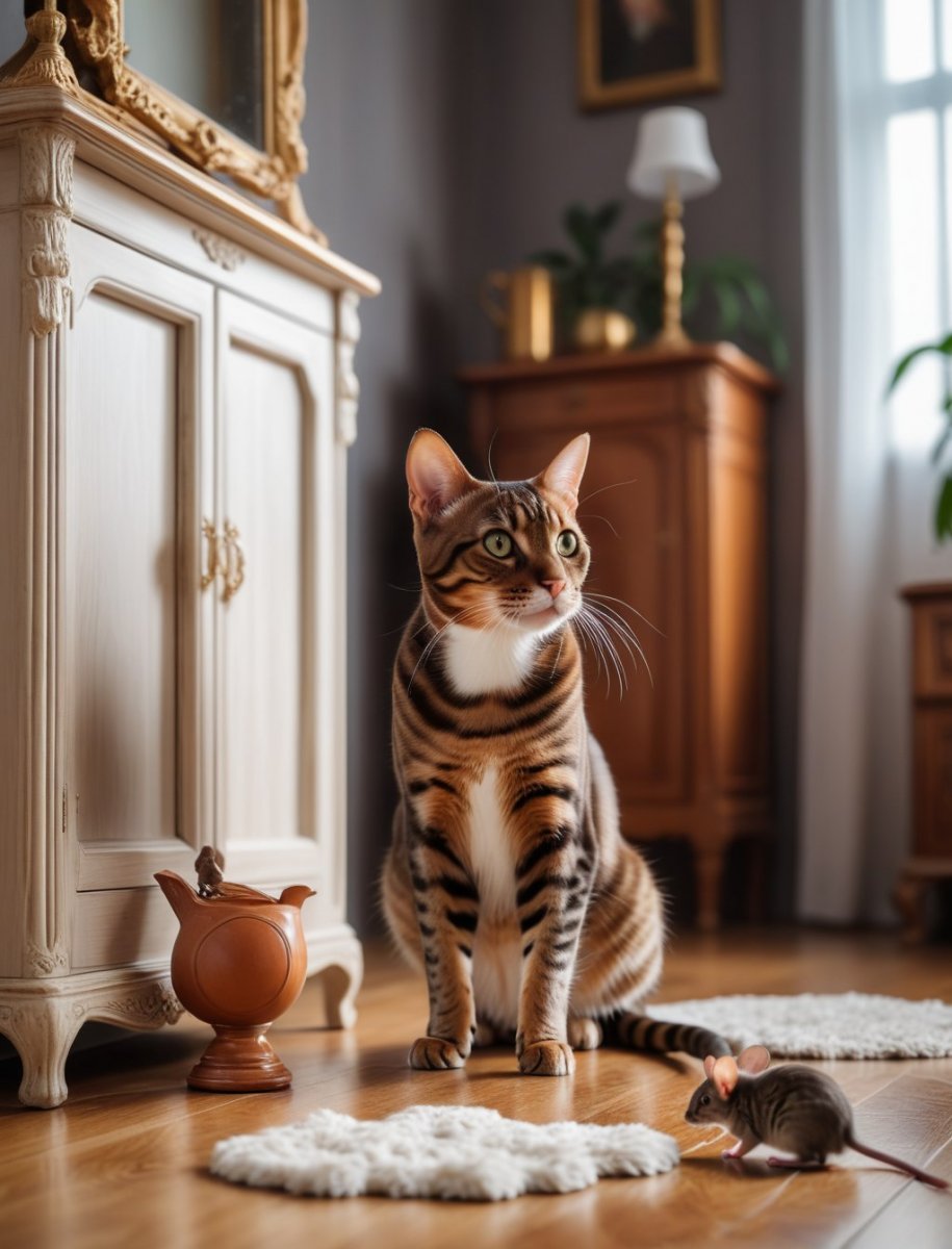 Изящный бенгальский кот играет с мышкой в роскошной гостиной. Генерация из нейронной сети Stable Diffusion Изящный бенгальский кот играет с мышкой в роскошной гостиной. Генерация из нейронной сети Stable Diffusion