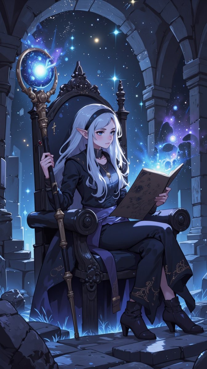 Мудрая эльфийка на черном троне в хрустальной пещере. Генерация из нейронной сети Flux Мудрая эльфийка на черном троне в хрустальной пещере. Генерация из нейронной сети Flux