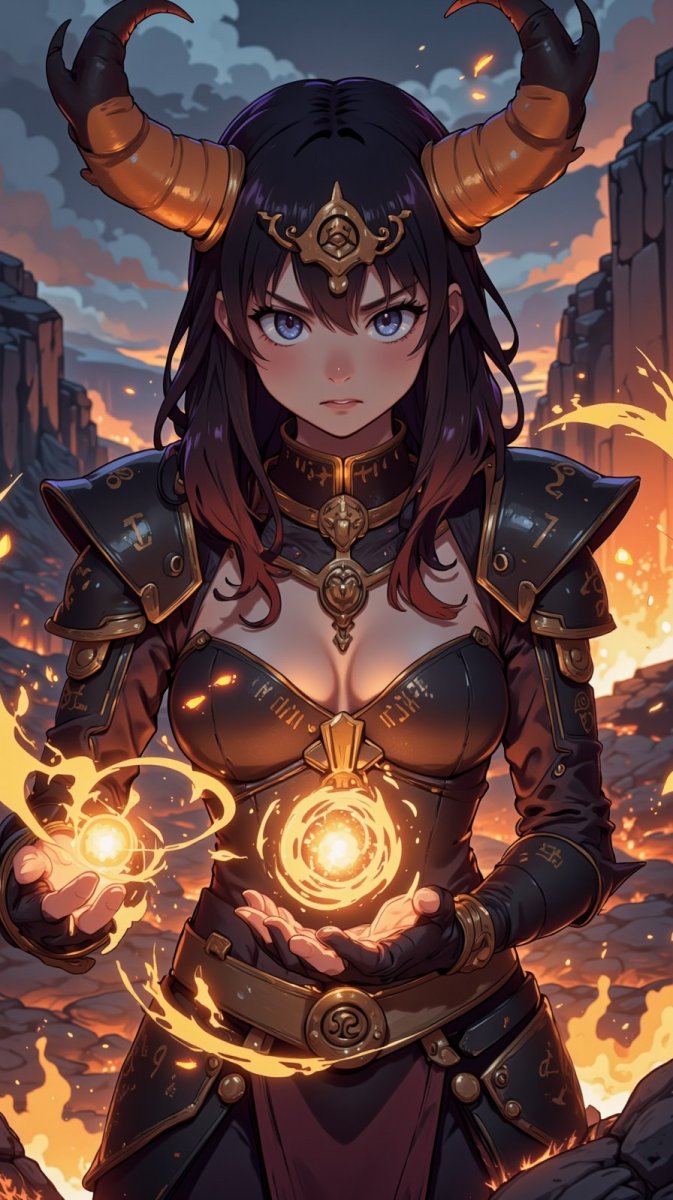 Демоническая лорда в вулканической пустоши: заклинание древних рун и обсидиановая броня. Картинка из нейросети Flux.1 Демоническая лорда в вулканической пустоши: заклинание древних рун и обсидиановая броня. Картинка из нейросети Flux.1