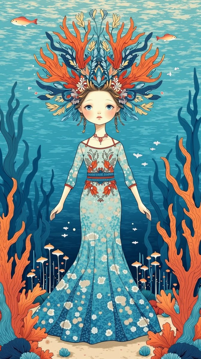 Загадочная кукла шибори с коралловым головным убором в стиле квиллинг. Нейронная сеть Flux Загадочная кукла шибори с коралловым головным убором в стиле квиллинг. Нейронная сеть Flux