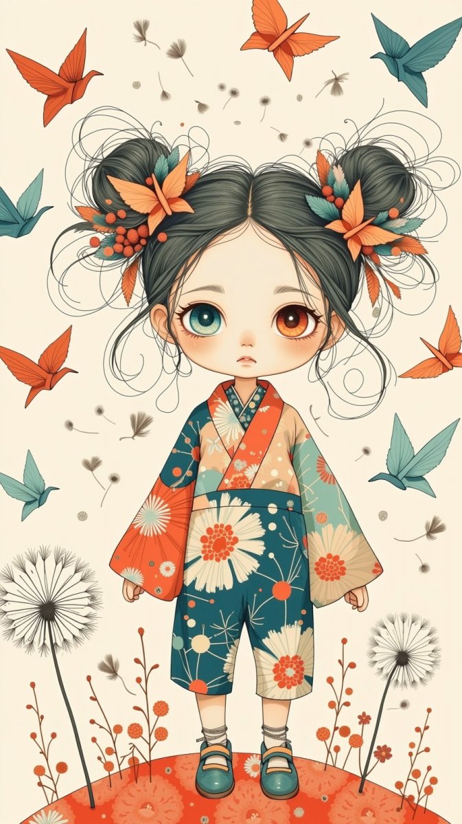 Нежная кукла шибори в пастельных тонах и стайка оригами журавликов. Нейросеть Flux 1 Нежная кукла шибори в пастельных тонах и стайка оригами журавликов. Нейросеть Flux 1