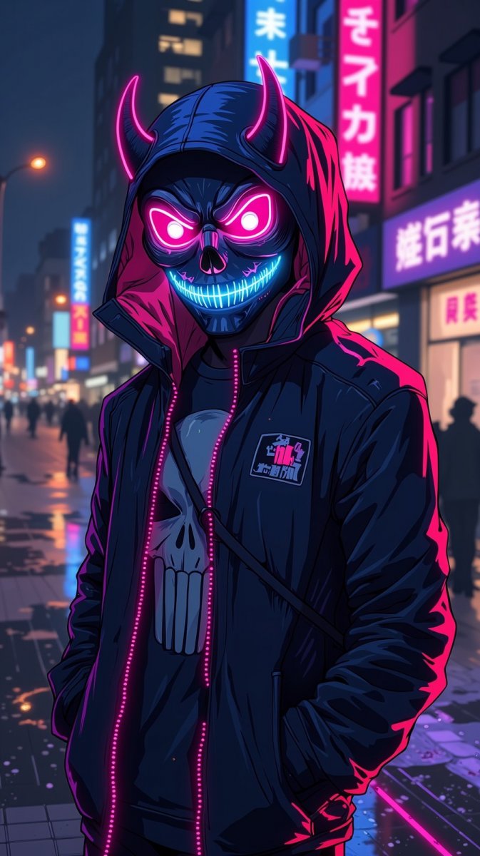 Неоновый аноним: улыбка дьявола в городских огнях. Генерация из нейронной сети Flux Неоновый аноним: улыбка дьявола в городских огнях. Генерация из нейронной сети Flux