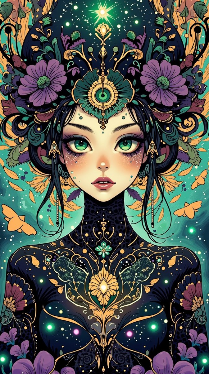 Загадочная готика: завораживающая иллюстрация девушки с таинственным макияжем и ярким фоном. Изображение из нейросети Flux Ai Загадочная готика: завораживающая иллюстрация девушки с таинственным макияжем и ярким фоном. Изображение из нейросети Flux Ai