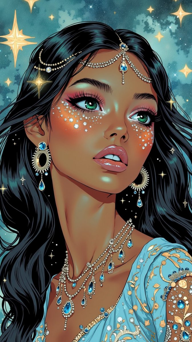 Неземная красота: звездный взгляд и сияющие губы. Изображение из нейронной сети Flux 1 Неземная красота: звездный взгляд и сияющие губы. Изображение из нейронной сети Flux 1