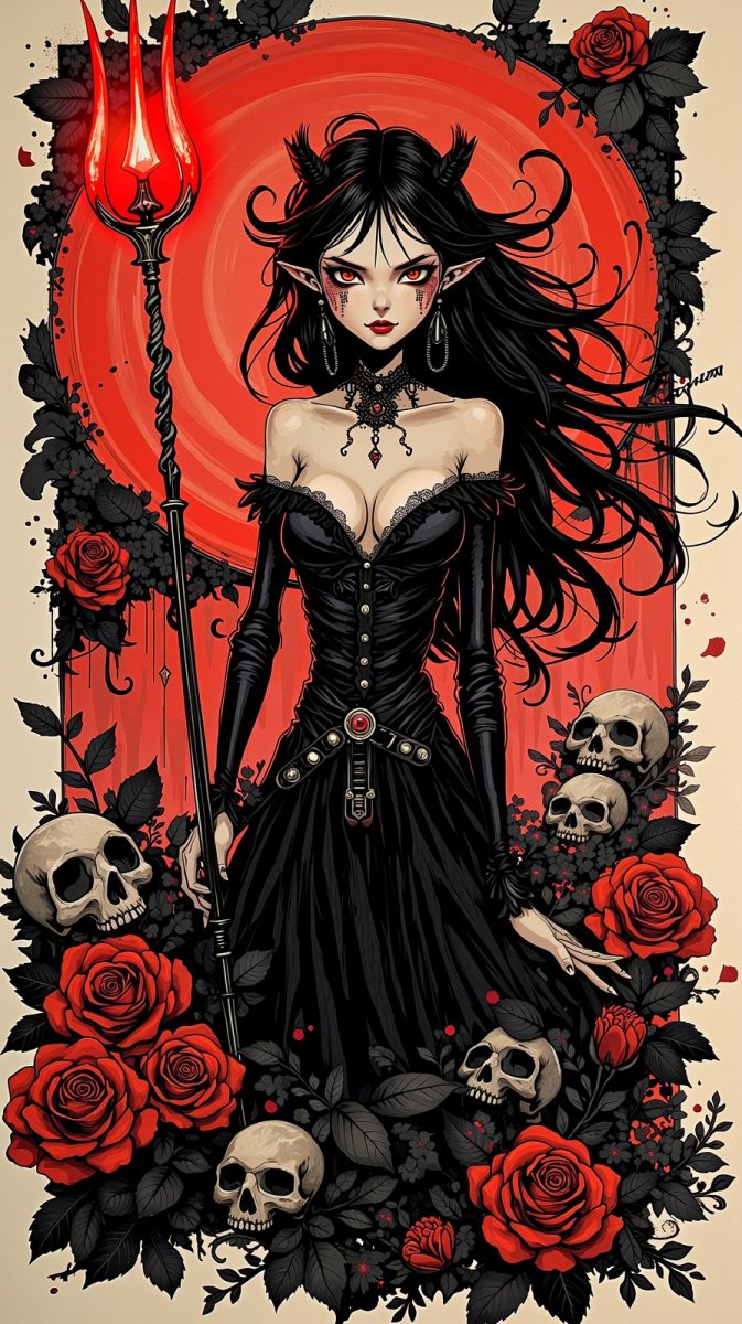 Принцесса-вампир: Тёмная роза и огненный трезубец. Нейросеть Flux Принцесса-вампир: Тёмная роза и огненный трезубец. Нейросеть Flux