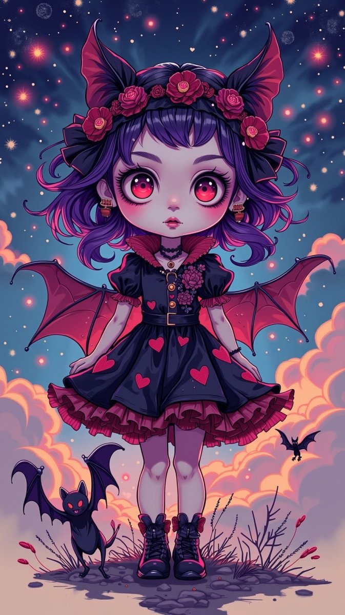 Милая вампирша и её летучая мышка под звёздным небом. Нейросеть Flux Милая вампирша и её летучая мышка под звёздным небом. Нейросеть Flux