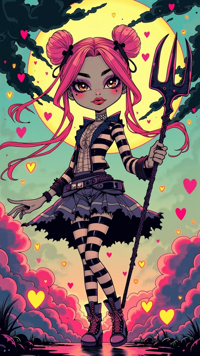 Монстр Хай: Яркий образ с розовыми волосами и питчем. Генерация из нейросети Flux Монстр Хай: Яркий образ с розовыми волосами и питчем. Генерация из нейросети Flux