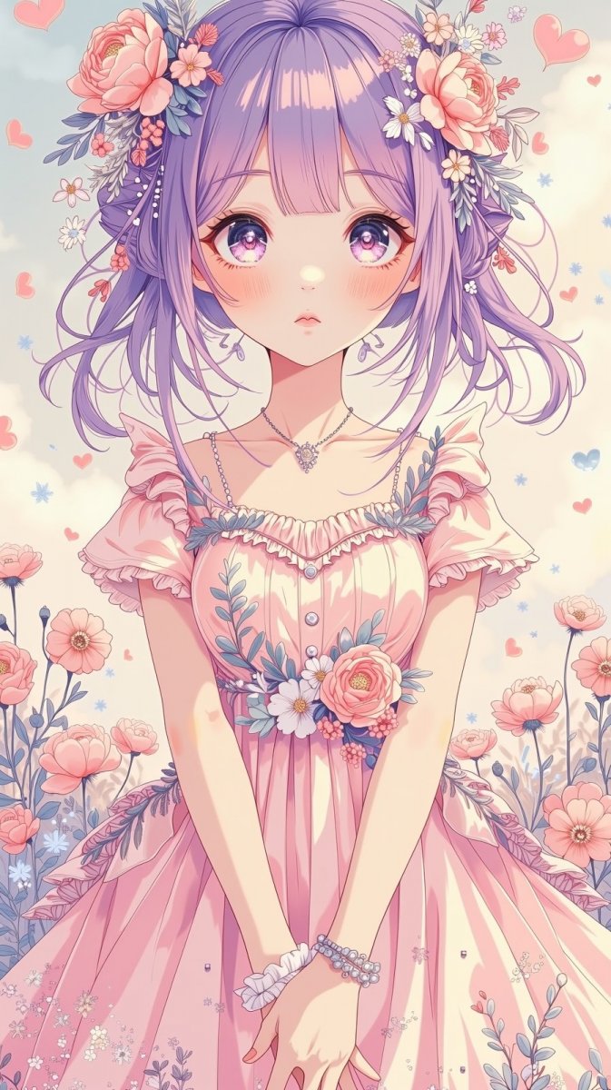 Милая девушка с фиолетовыми волосами в цветочном платье на нежном фоне. Изображение из нейронной сети Flux.1 Милая девушка с фиолетовыми волосами в цветочном платье на нежном фоне. Изображение из нейронной сети Flux.1