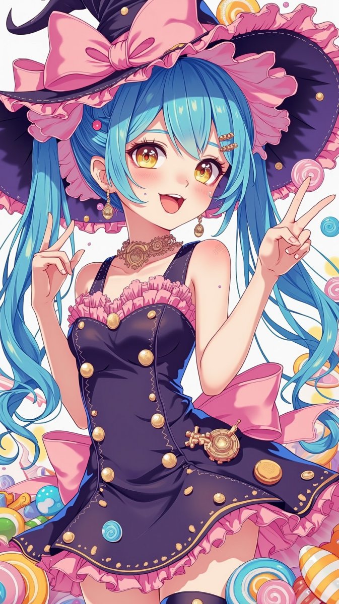 Очаровательная девушка-волшебница с синими косичками и конфетами. Нейронная сеть Flux Очаровательная девушка-волшебница с синими косичками и конфетами. Нейронная сеть Flux