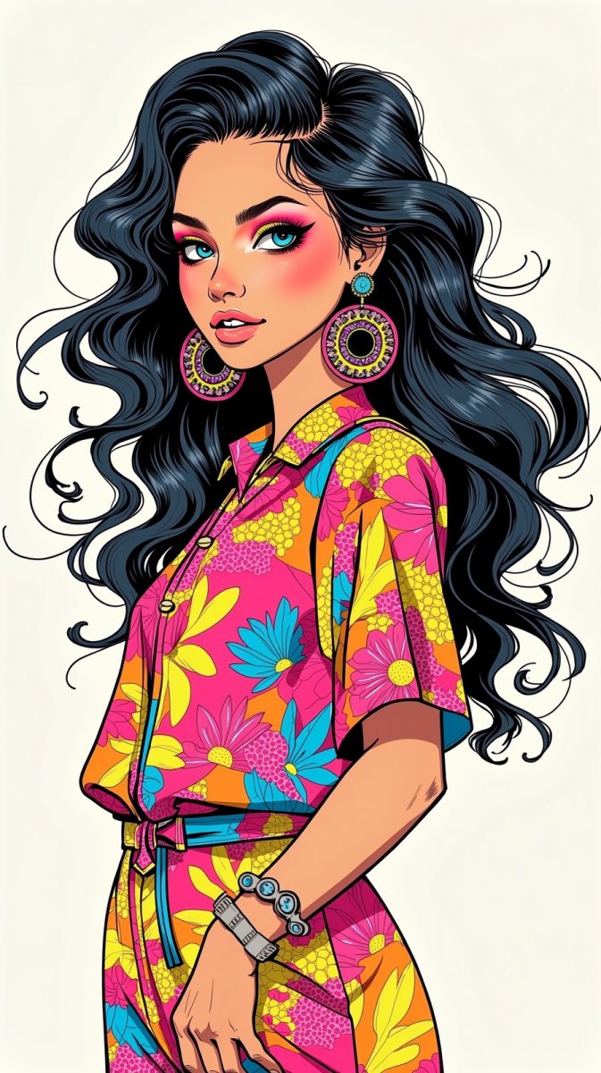 Яркая неоновая модель с эффектным макияжем и стильным образом. Картинка из нейронной сети Flux Яркая неоновая модель с эффектным макияжем и стильным образом. Картинка из нейронной сети Flux