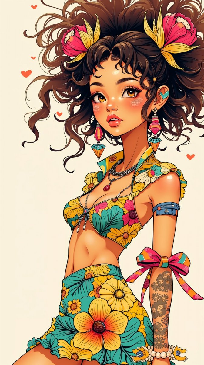 Очаровательная девушка в тропическом стиле с кудрявыми волосами. Генерация из нейронной сети Flux 1 Очаровательная девушка в тропическом стиле с кудрявыми волосами. Генерация из нейронной сети Flux 1