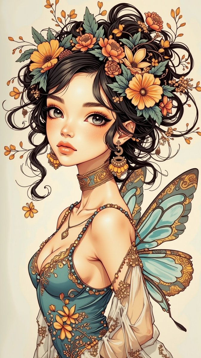 Волшебная фея в ярком цветочном образе. Изображение из нейронной сети Flux Волшебная фея в ярком цветочном образе. Изображение из нейронной сети Flux