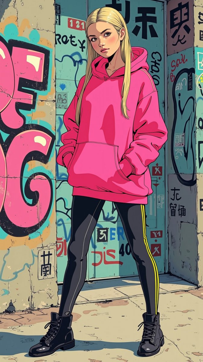 Яркий образ в розовом худи и черных леггинсах с неоновыми полосами на фоне граффити городской стены. Изображение из нейронной сети Flux Ai Яркий образ в розовом худи и черных леггинсах с неоновыми полосами на фоне граффити городской стены. Изображение из нейронной сети Flux Ai
