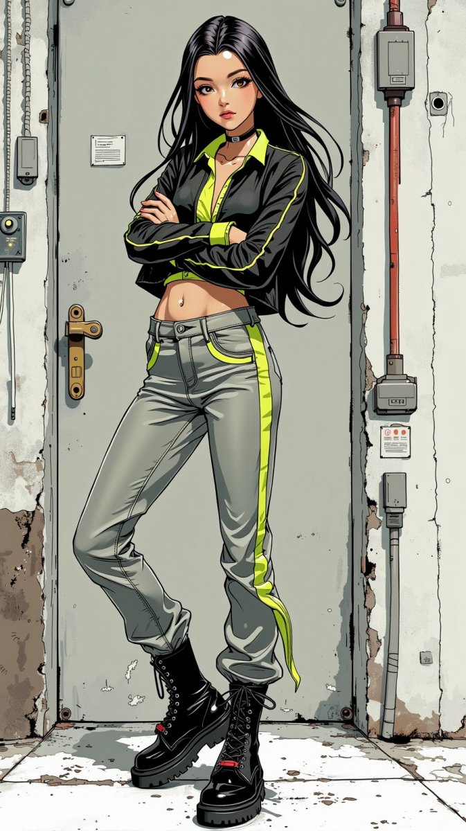 Стильная уверенность в индустриальном сеттинге: модный образ с яркими акцентами. Картинка из нейросети Flux Стильная уверенность в индустриальном сеттинге: модный образ с яркими акцентами. Картинка из нейросети Flux