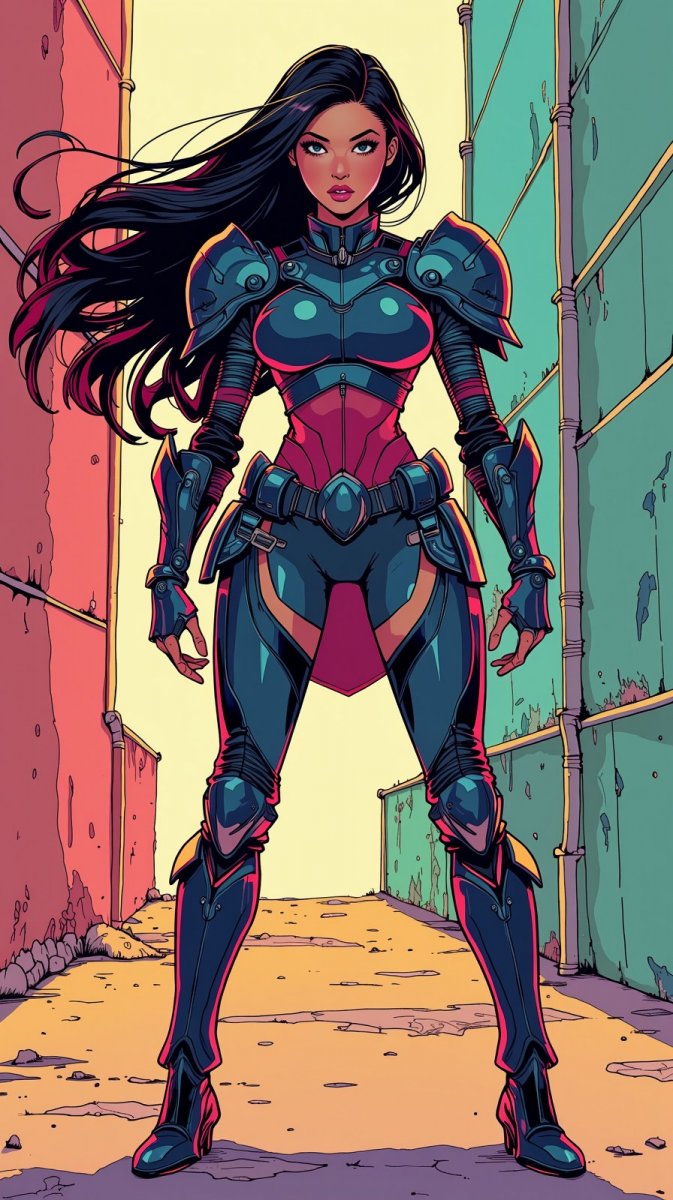 Воинственная принцесса в неоновых красках и кожаном доспехе: дерзкий городской стиль. Генерация из нейросети Flux Ai Воинственная принцесса в неоновых красках и кожаном доспехе: дерзкий городской стиль. Генерация из нейросети Flux Ai