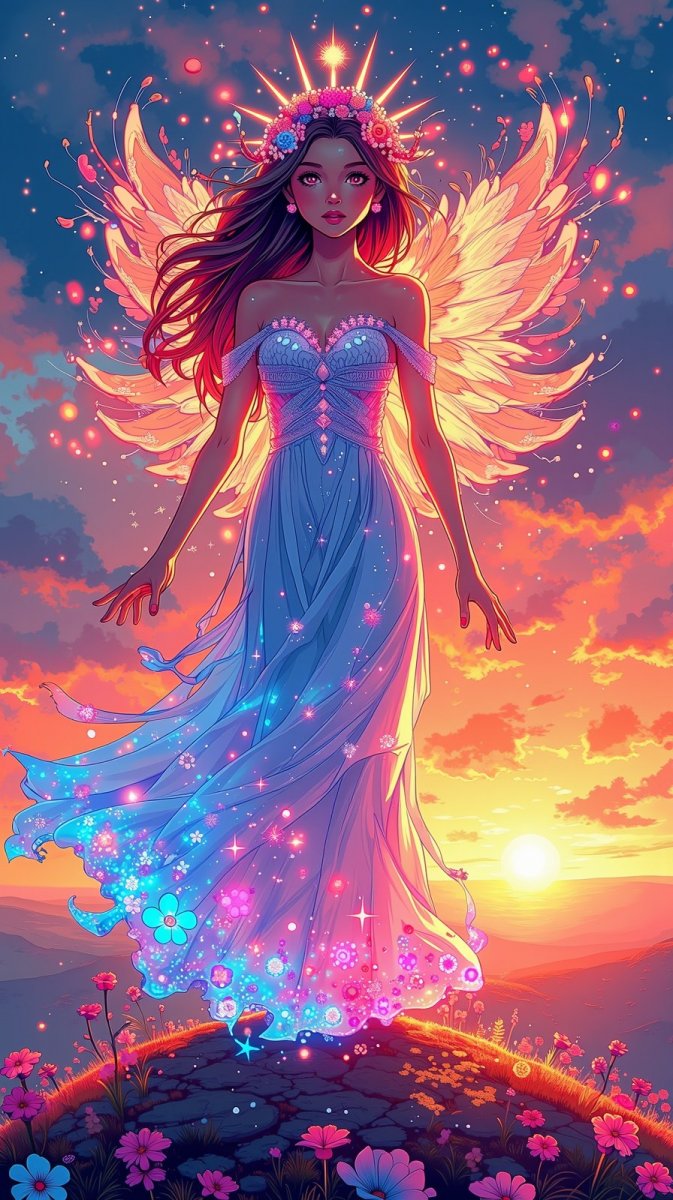 Сияющая богиня на закате: нежные цветы и свет неоновых оттенков. Картинка из нейросети Flux.1 Сияющая богиня на закате: нежные цветы и свет неоновых оттенков. Картинка из нейросети Flux.1