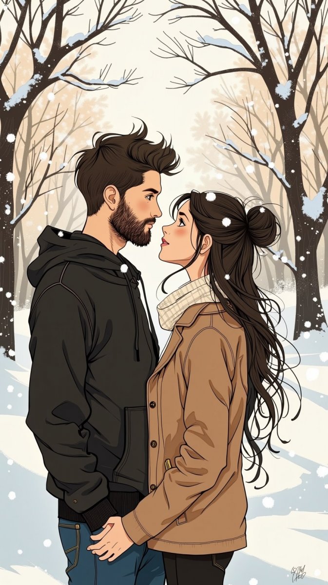 Молодая пара в зимнем пейзаже, любовь и нежность. Картинка из нейросети Flux.1 Молодая пара в зимнем пейзаже, любовь и нежность. Картинка из нейросети Flux.1