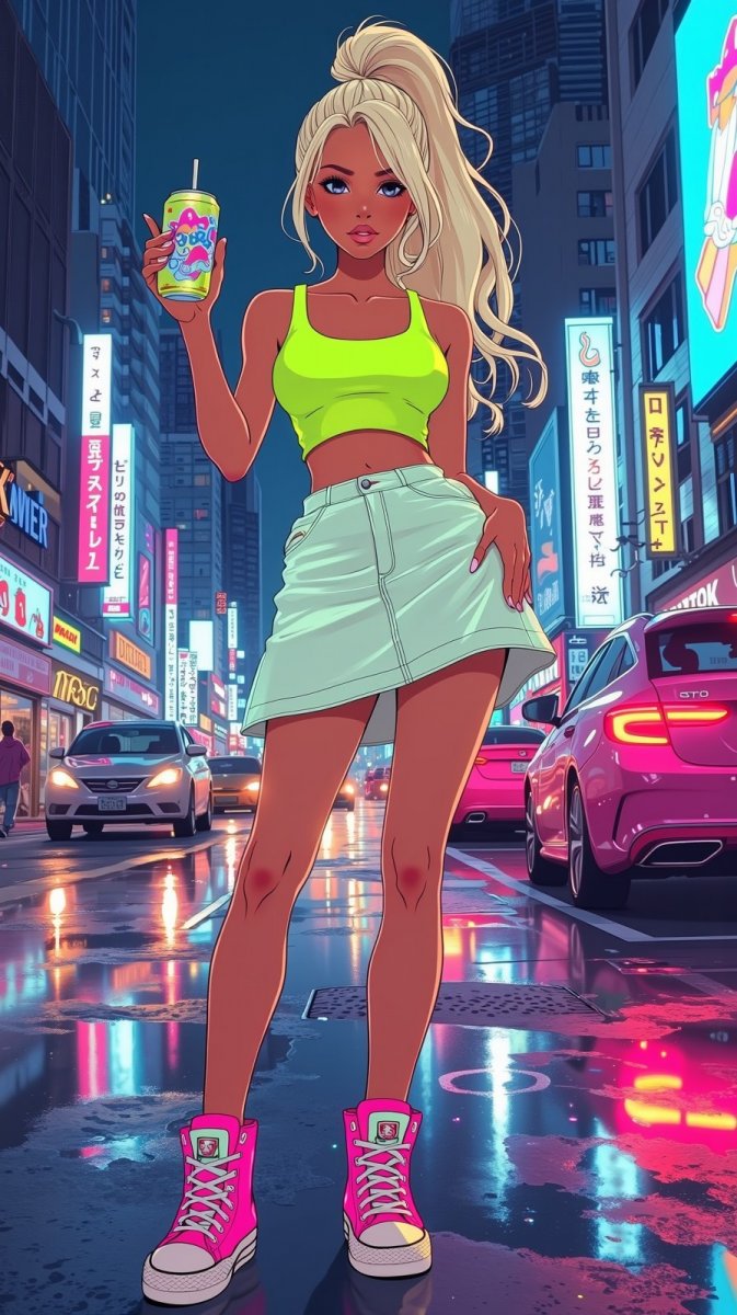 Неоновая блондинка в городском стиле. Картинка из нейросети Flux Ai Неоновая блондинка в городском стиле. Картинка из нейросети Flux Ai